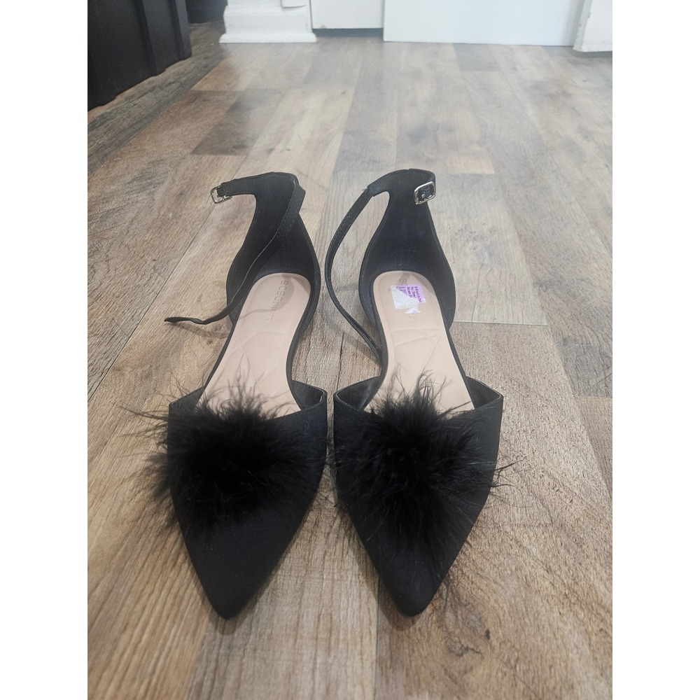 BCBGeneration Kassia Black Feather Pointed Toe Ankle Strap‎ Flats GN239801 9M